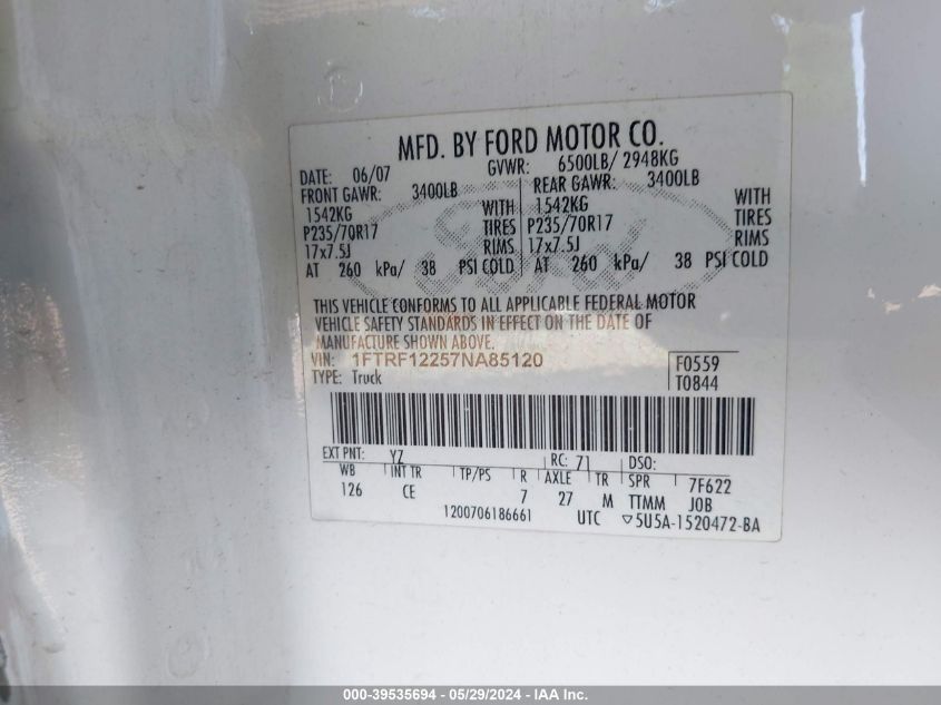 2007 Ford F-150 Stx/Xl/Xlt VIN: 1FTRF12257NA85120 Lot: 39535694