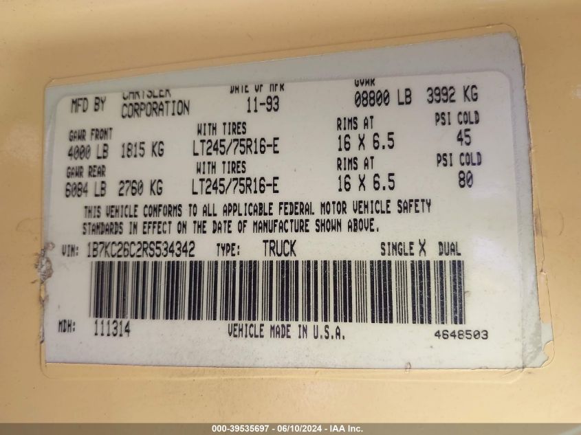 1994 Dodge Ram 2500 VIN: 1B7KC26C2RS534342 Lot: 39535697
