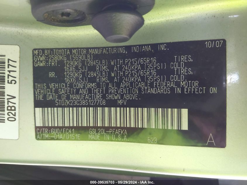 2008 Toyota Sienna Le VIN: 5TDZK23C38S127708 Lot: 39535703