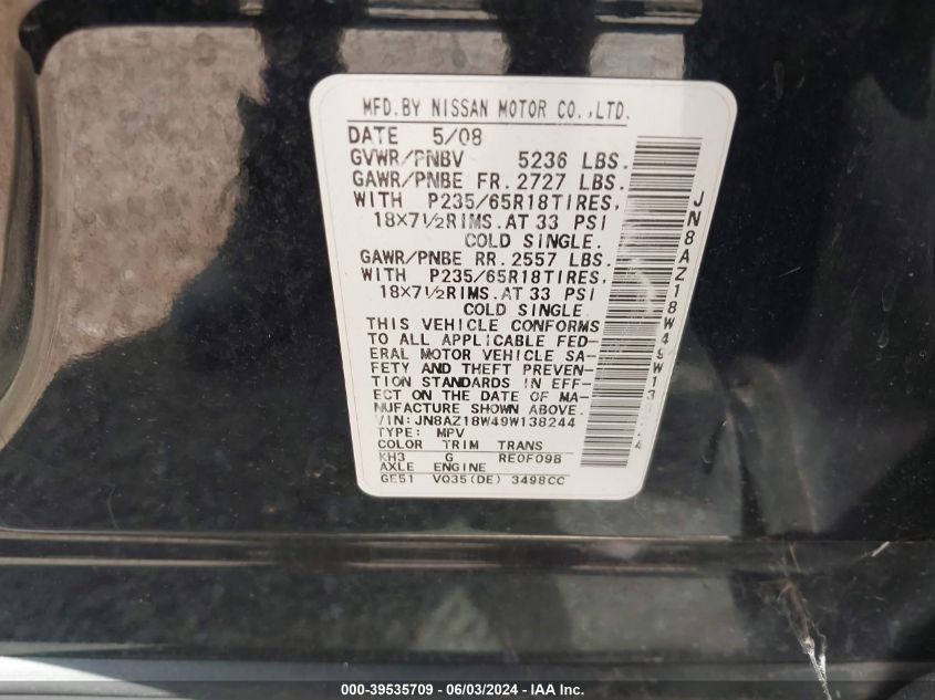 2009 Nissan Murano S VIN: JN8AZ18W49W138244 Lot: 39535709