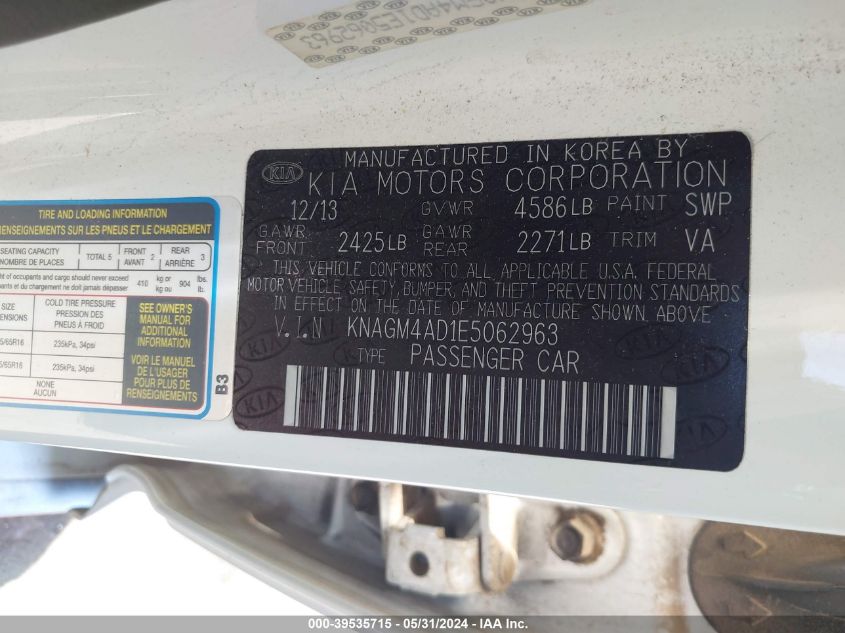 2014 Kia Optima Hybrid Lx VIN: KNAGM4AD1E5062963 Lot: 39535715