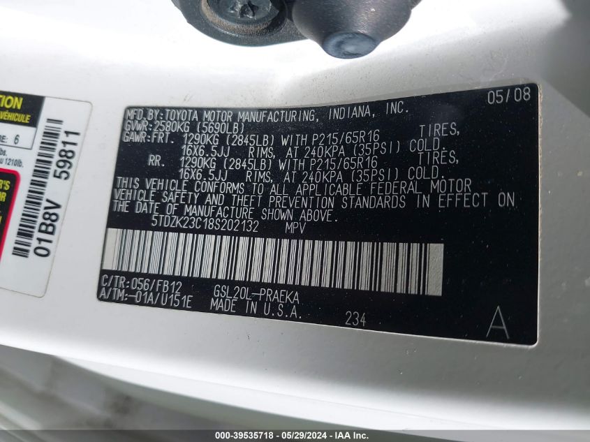 2008 Toyota Sienna Ce VIN: 5TDZK23C18S202132 Lot: 39535718