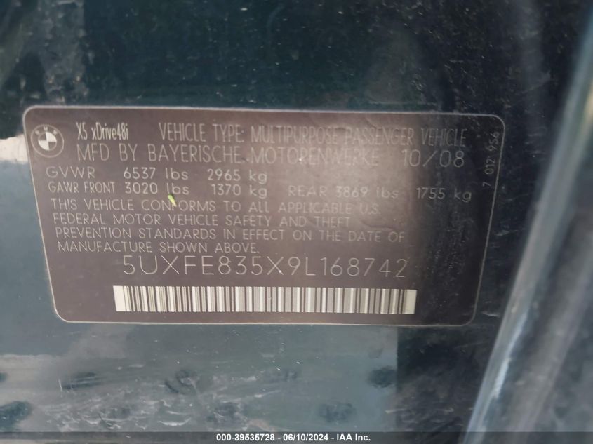 2009 BMW X5 xDrive48I VIN: 5UXFE835X9L168742 Lot: 39535728