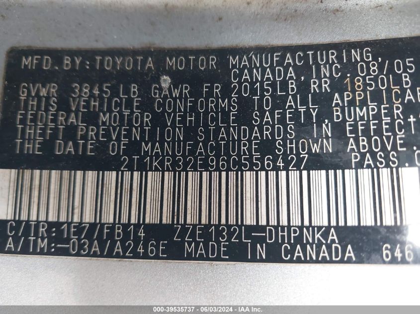 2006 Toyota Matrix Xr VIN: 2T1KR32E96C556427 Lot: 39535737