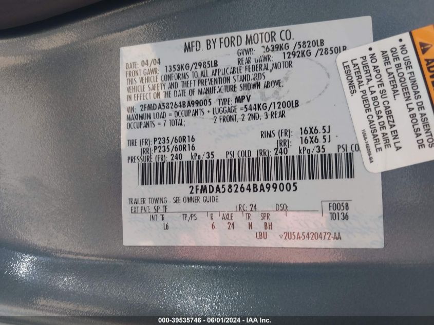 2004 Ford Freestar Limited VIN: 2FMDA58264BA99005 Lot: 39535746