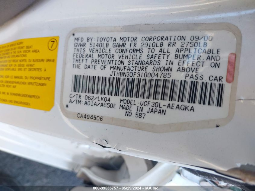 2001 Lexus Ls 430 VIN: JTHBN30F310004785 Lot: 39535757