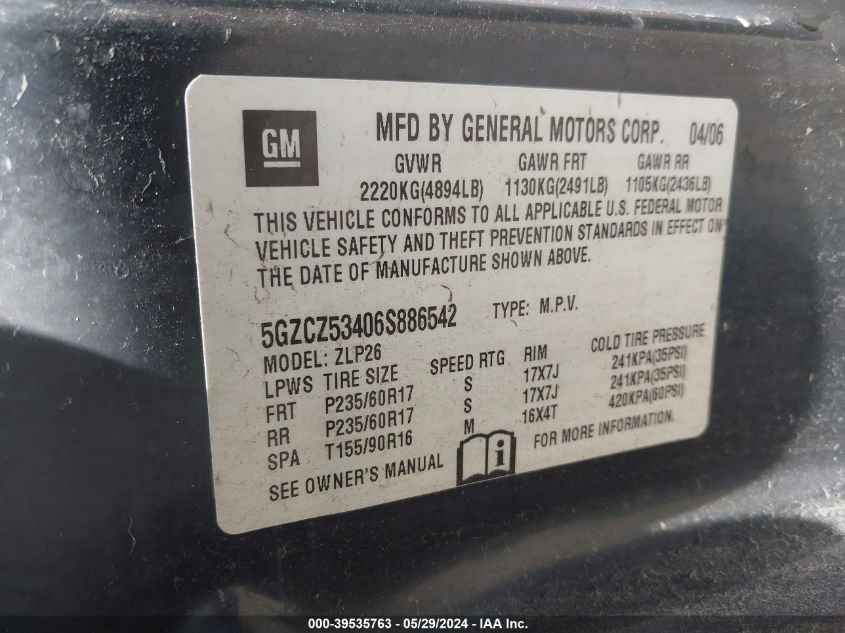 2006 Saturn Vue V6 VIN: 5GZCZ53406S886542 Lot: 39535763