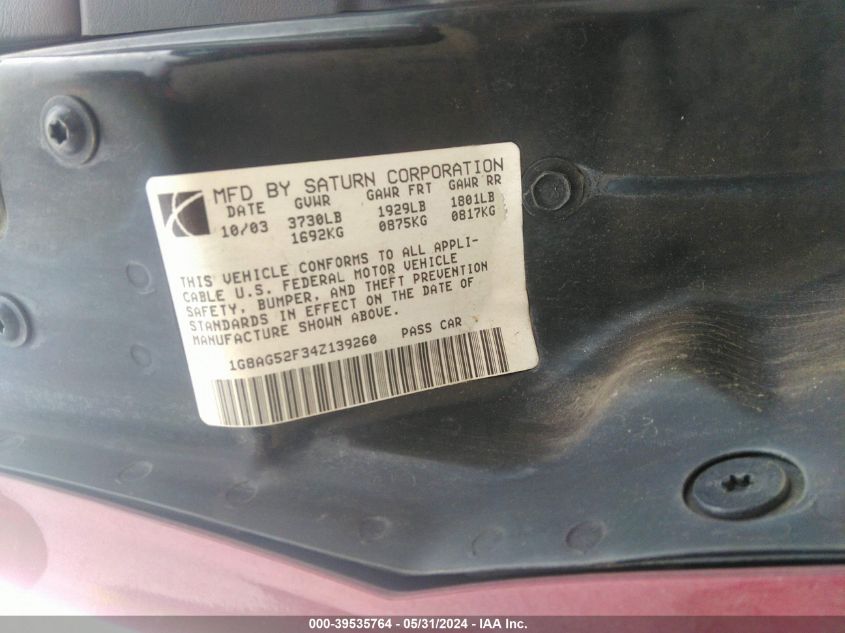 1G8AG52F34Z139260 | 2004 SATURN ION