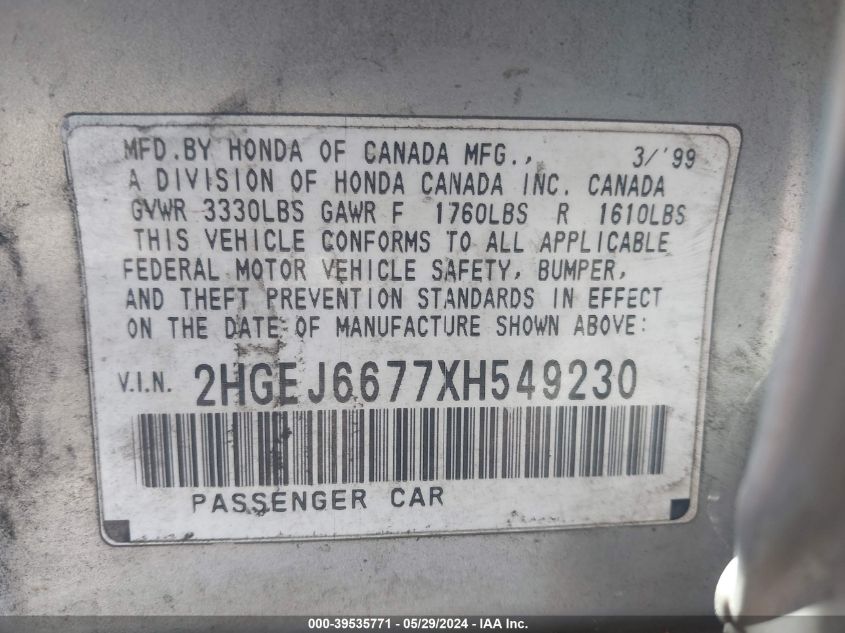 1999 Honda Civic Lx VIN: 2HGEJ6677XH549230 Lot: 39535771