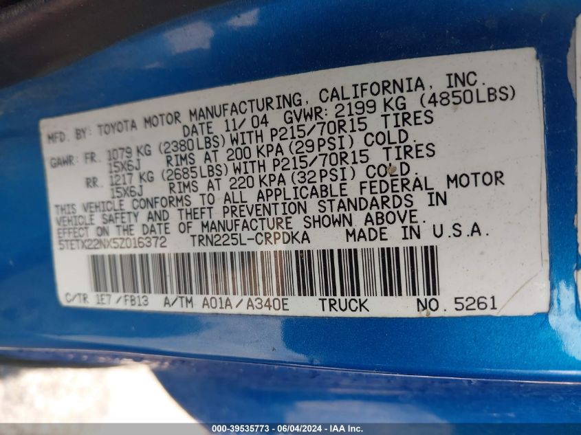 2005 Toyota Tacoma VIN: 5TETX22NX5Z016372 Lot: 39535773