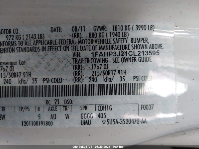 2012 Ford Focus Titanium VIN: 1FAHP3J21CL213595 Lot: 39535776