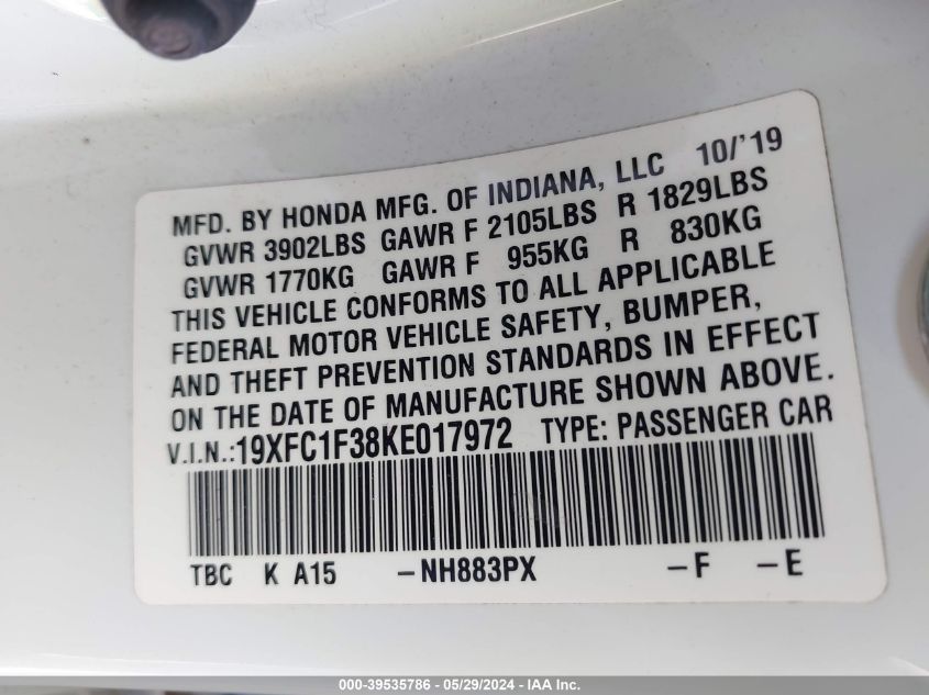 2019 Honda Civic Ex VIN: 19XFC1F38KE017972 Lot: 39535786