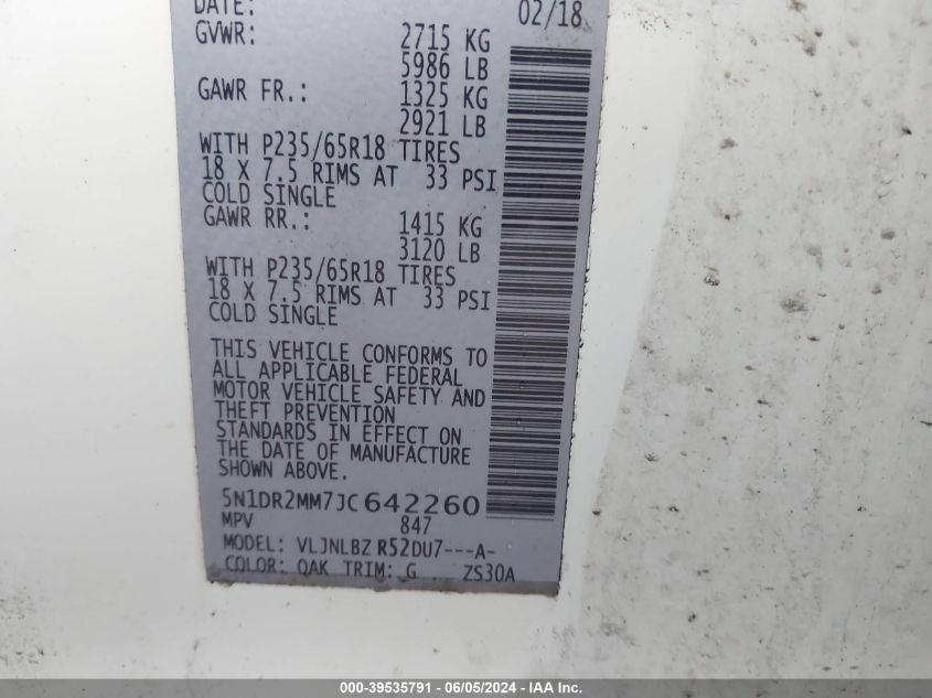 2018 Nissan Pathfinder S VIN: 5N1DR2MM7JC642260 Lot: 39535791