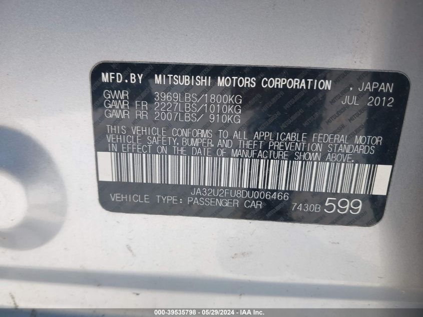 2013 Mitsubishi Lancer Es VIN: JA32U2FU8DU006466 Lot: 39535798