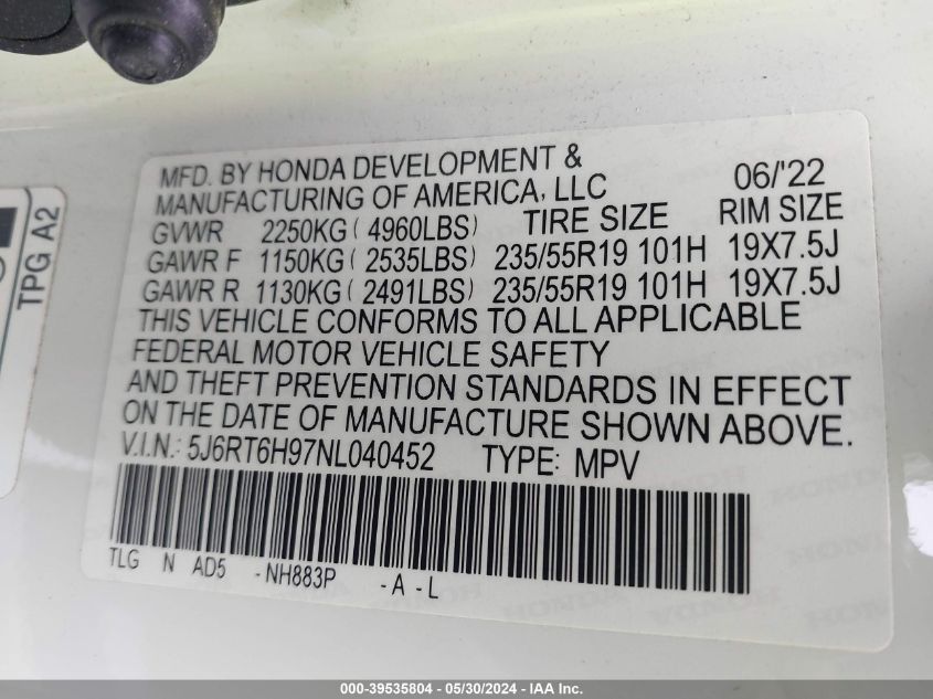 2022 Honda Cr-V Hybrid Touring VIN: 5J6RT6H97NL040452 Lot: 39535804