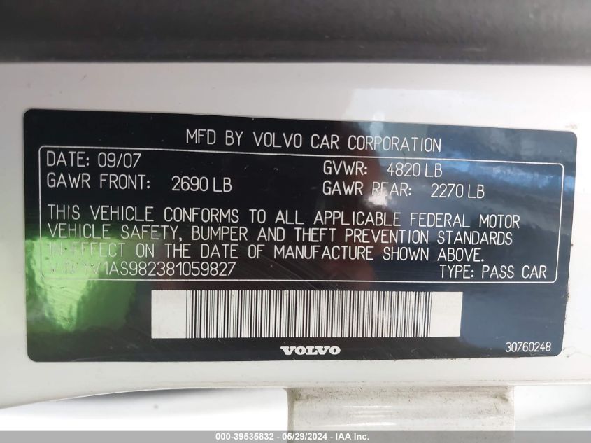 YV1AS982381059827 2008 Volvo S80 3.2