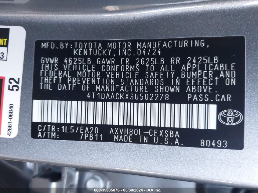VIN 4T1DAACKXSU502278 2025 TOYOTA CAMRY SE