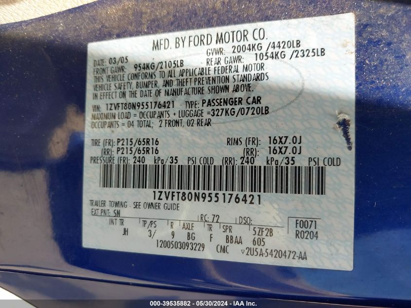2005 Ford Mustang V6 Deluxe/V6 Premium VIN: 1ZVFT80N955176421 Lot: 39535882