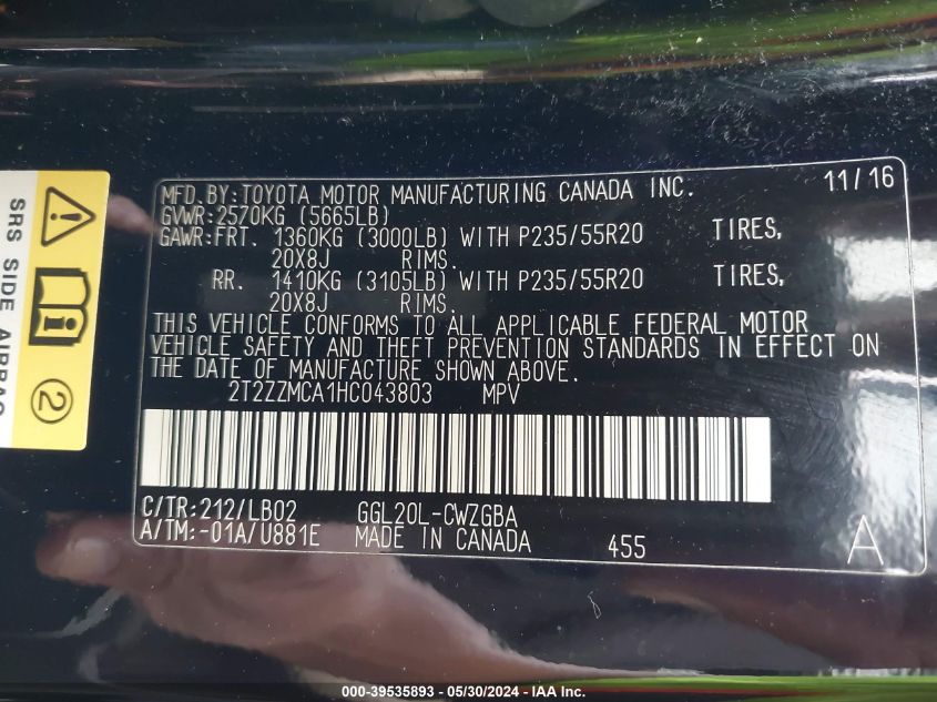 2017 Lexus Rx 350 VIN: 2T2ZZMCA1HC043803 Lot: 39535893