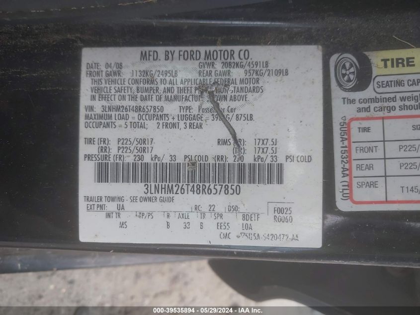 2008 Lincoln Mkz VIN: 3LNHM26T48R657850 Lot: 39535894