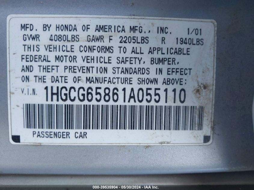 2001 Honda Accord 2.3 Ex VIN: 1HGCG65861A055110 Lot: 39535904