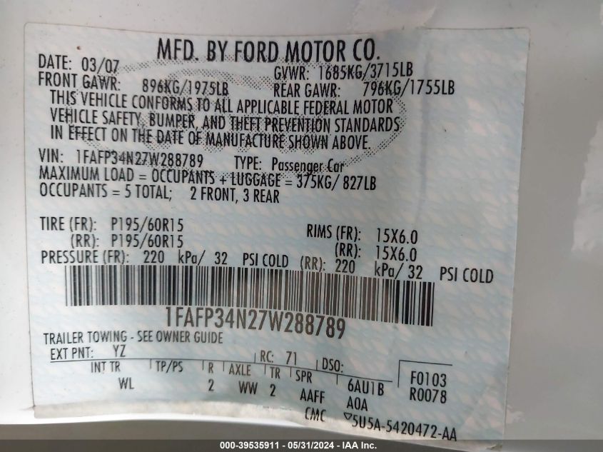 2007 Ford Focus Zx4/S/Se/Ses VIN: 1FAFP34N27W288789 Lot: 39535911