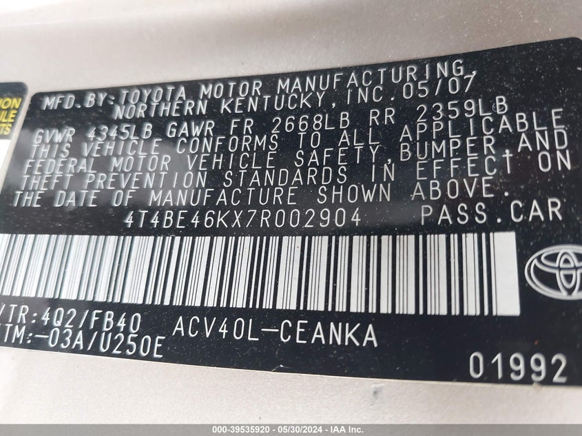 2007 Toyota Camry Le VIN: 4T4BE46KX7R002904 Lot: 39535920