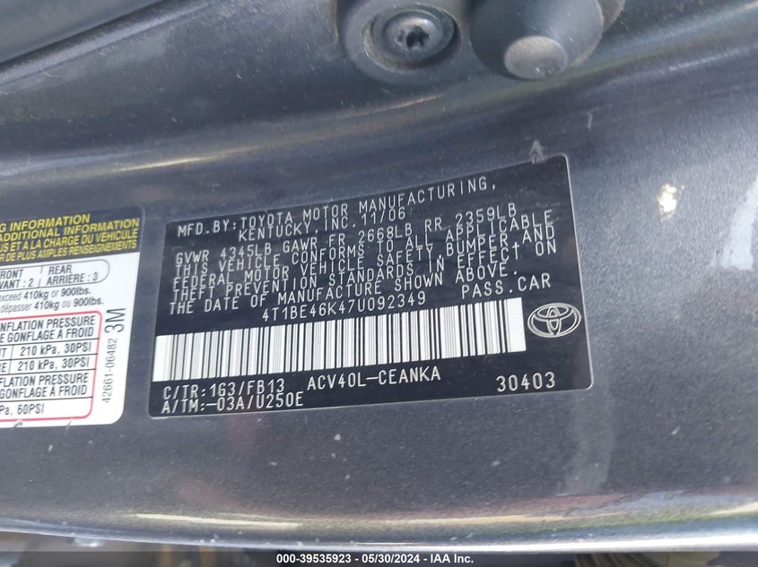 2007 Toyota Camry Le VIN: 4T1BE46K47U092349 Lot: 39535923