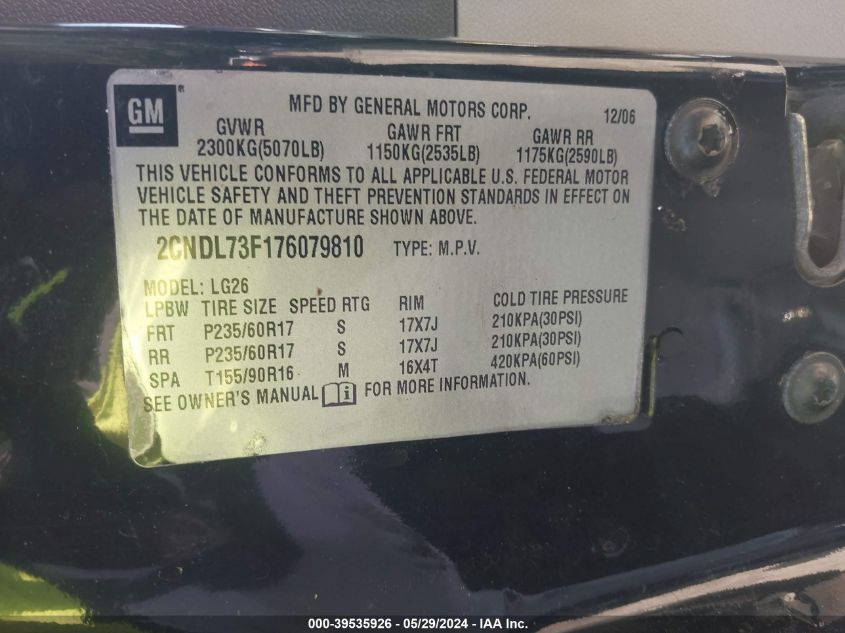 2007 Chevrolet Equinox Lt VIN: 2CNDL73F176079810 Lot: 39535926