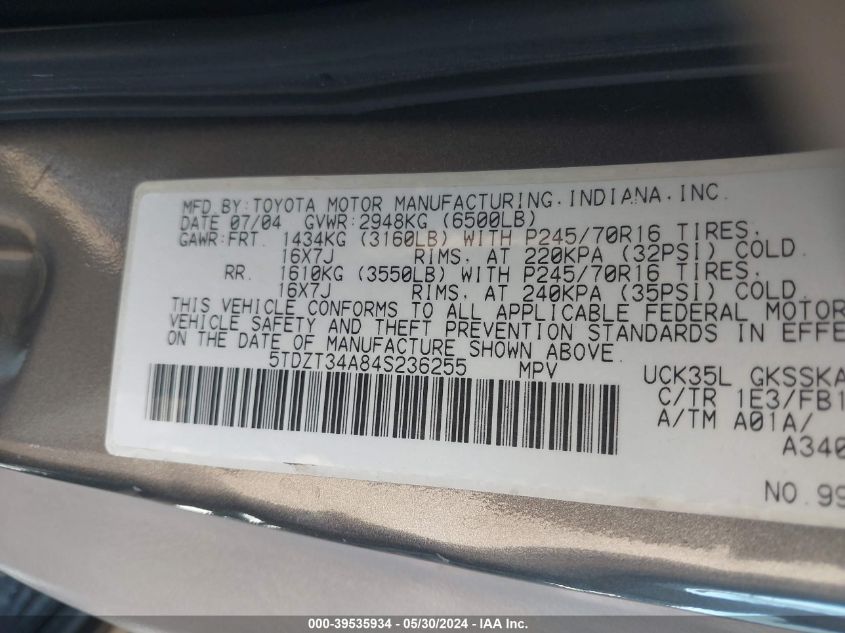 2004 Toyota Sequoia VIN: 5TDST34A84S236255 Lot: 39535934