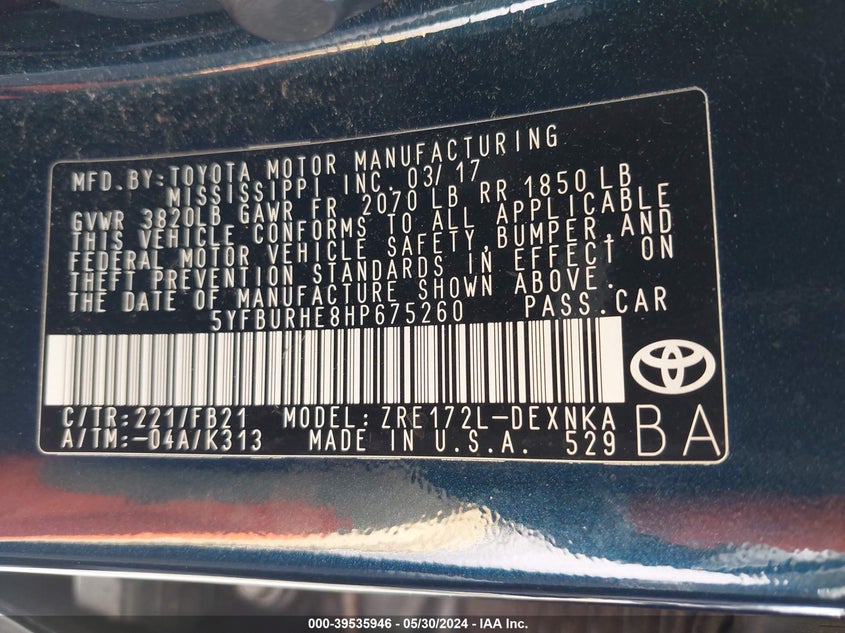 2017 Toyota Corolla Le VIN: 5YFBURHE8HP675260 Lot: 39535946