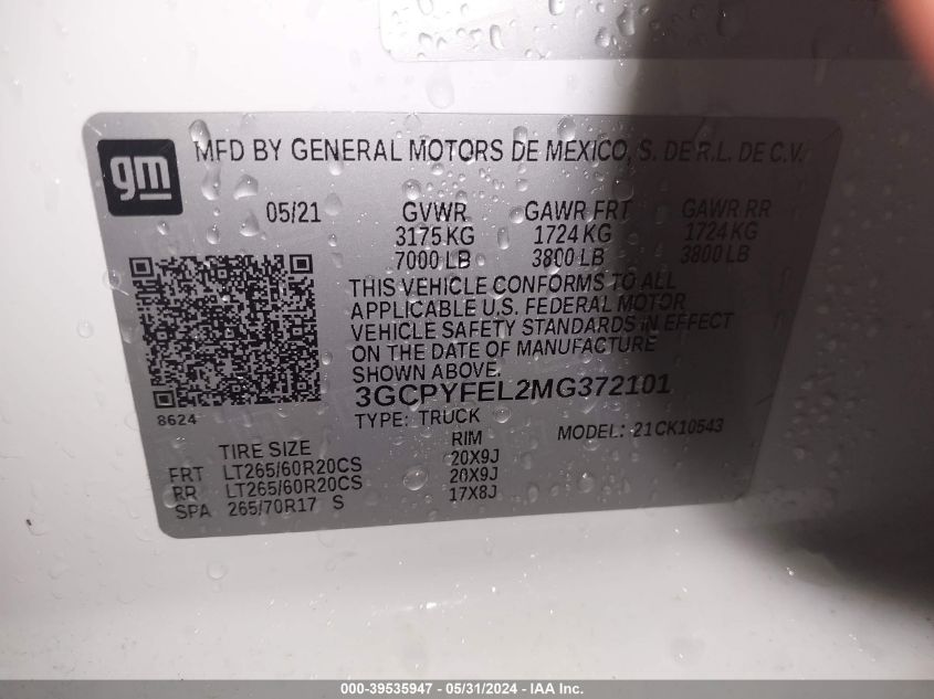 2021 Chevrolet Silverado 1500 4Wd Short Bed Lt Trail Boss VIN: 3GCPYFEL2MG372101 Lot: 39535947