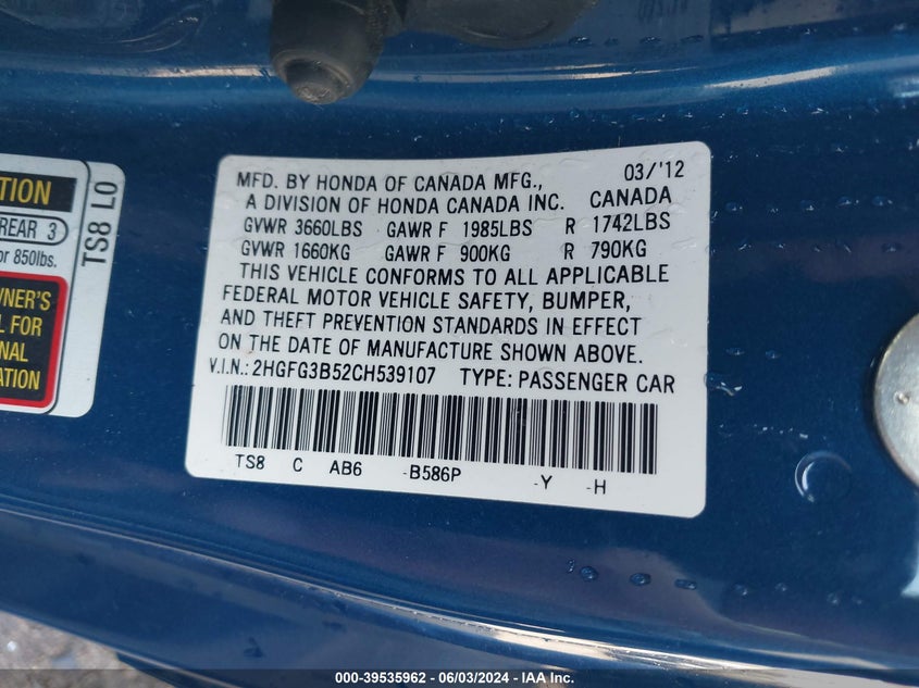 2012 Honda Civic Lx VIN: 2HGFG3B52CH539107 Lot: 39535962