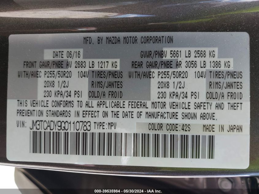 2016 Mazda Cx-9 Grand Touring VIN: JM3TCADY9G0110783 Lot: 39535984