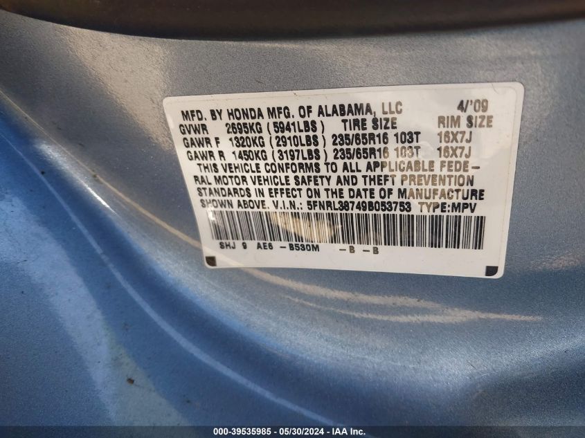 2009 Honda Odyssey Ex-L VIN: 5FNRL38749B053753 Lot: 39535985