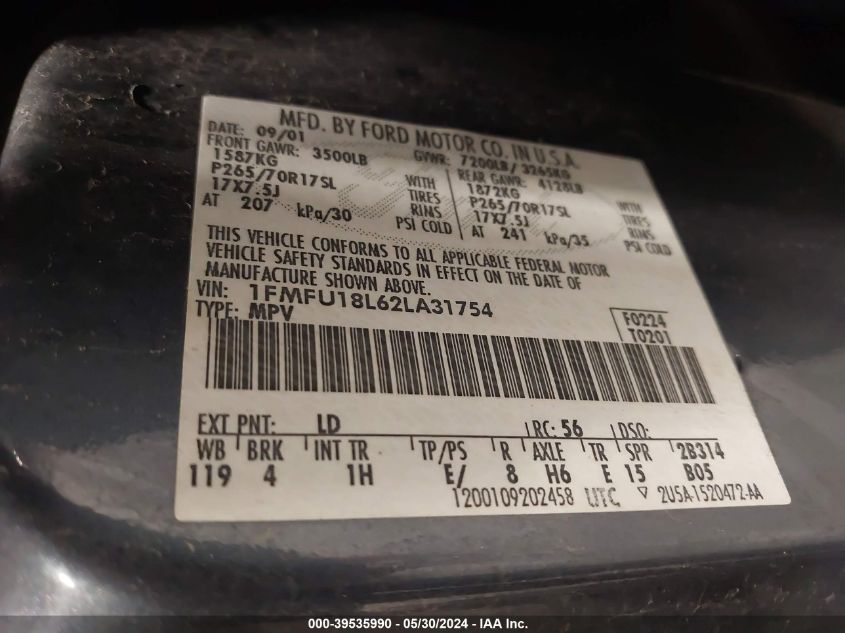 2002 Ford Expedition Eddie Bauer VIN: 1FMFU18L62LA31754 Lot: 39535990