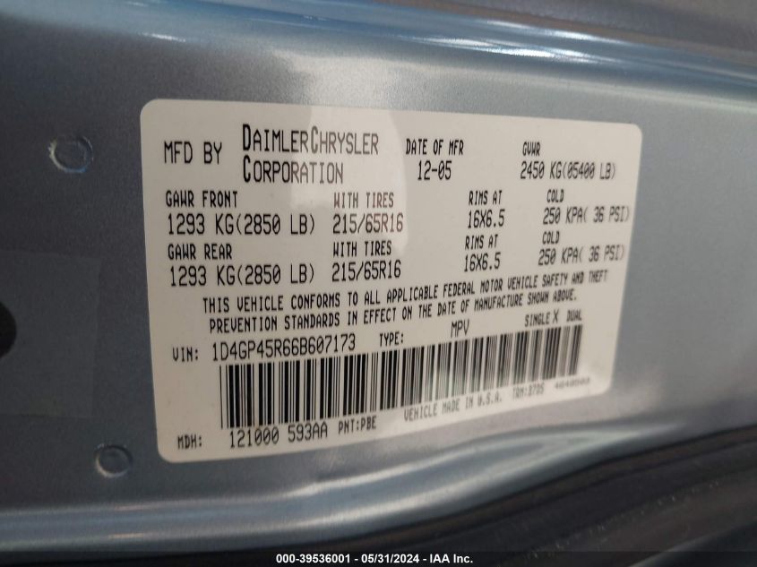 2006 Dodge Caravan Sxt VIN: 1D4GP45R66B607173 Lot: 39536001