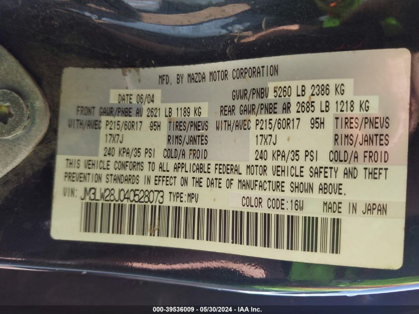 2004 Mazda Mpv Lx VIN: JM3LW28J040528073 Lot: 39536009