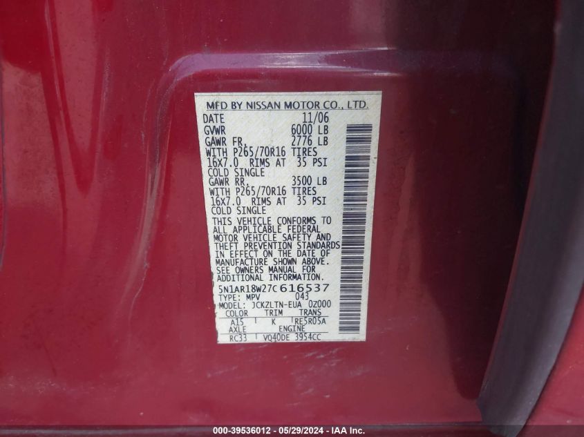 2007 Nissan Pathfinder Se VIN: 5N1AR18W27C616537 Lot: 39536012