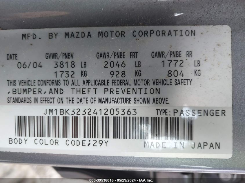 2004 Mazda Mazda3 S VIN: JM1BK323241205363 Lot: 39536016