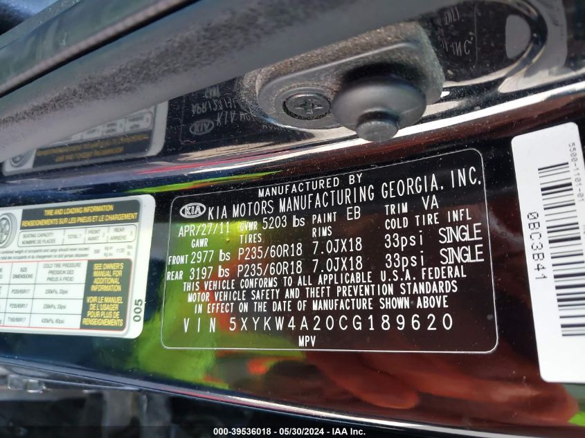 2012 Kia Sorento Sx V6 VIN: 5XYKW4A20CG189620 Lot: 39536018