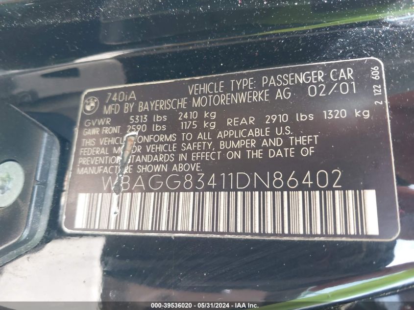 2001 BMW 740Ia VIN: WBAGG83411DN86402 Lot: 39536020