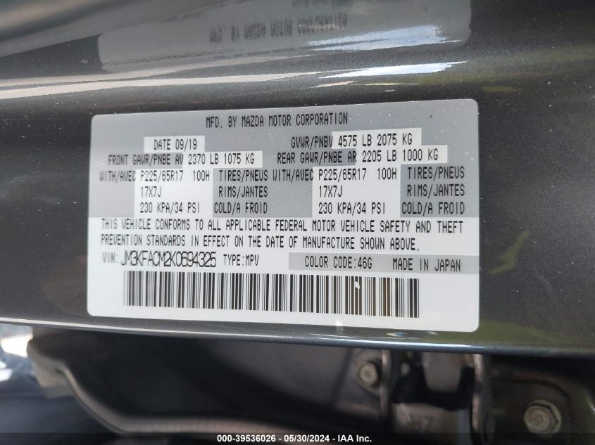 2019 Mazda Cx-5 Touring VIN: JM3KFACM2K0694325 Lot: 39536026