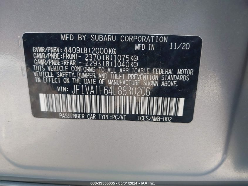 2020 Subaru Wrx Premium VIN: JF1VA1F64L8830206 Lot: 39536035