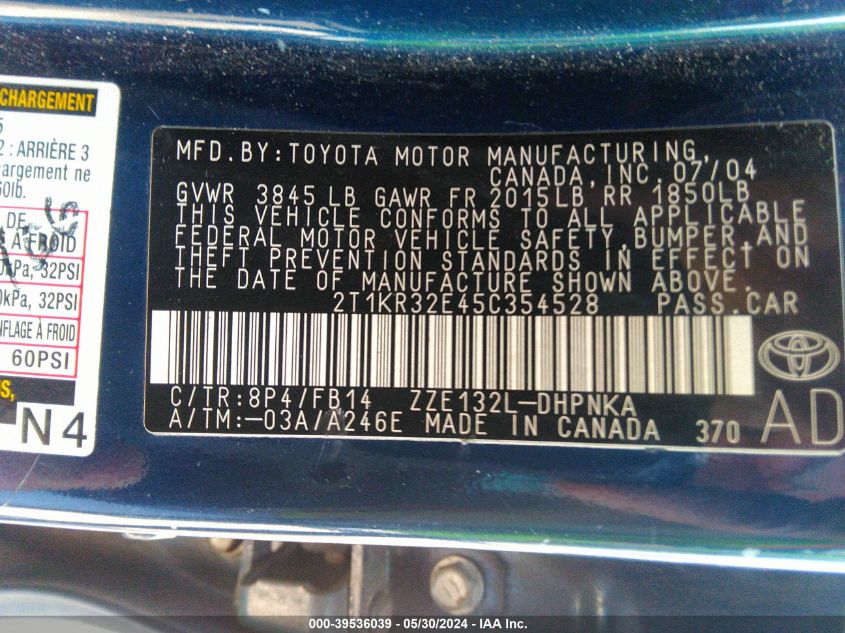 2005 Toyota Matrix Xr VIN: 2T1KR32E45C354528 Lot: 39536039