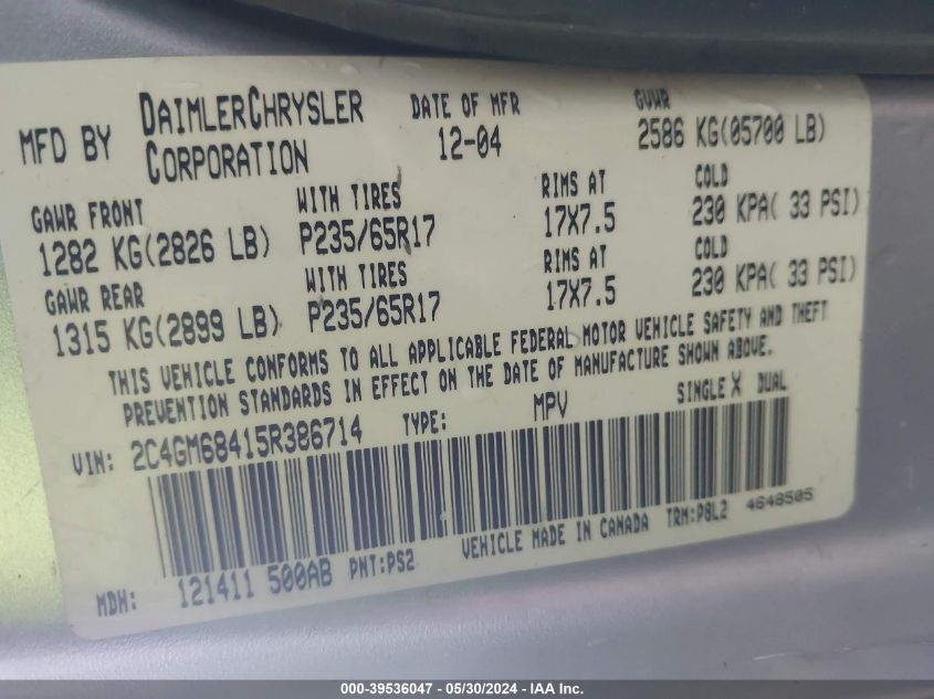 2005 Chrysler Pacifica Touring VIN: 2C4GM68415R386714 Lot: 39536047