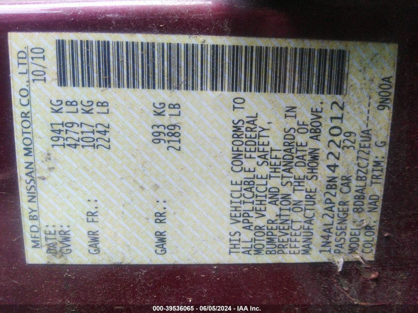 2011 Nissan Altima 2.5 S VIN: 1N4AL2AP2BN422012 Lot: 39536065