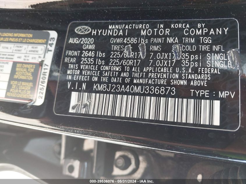 2021 Hyundai Tucson Se VIN: KM8J23A40MU336873 Lot: 39536076