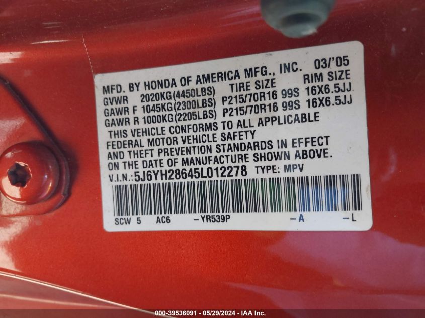 2005 Honda Element Ex VIN: 5J6YH28645L012278 Lot: 39536091