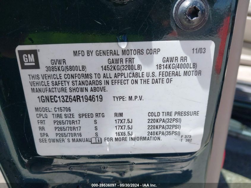 2004 Chevrolet Tahoe Ls VIN: 1GNEC13Z64R194619 Lot: 39536097